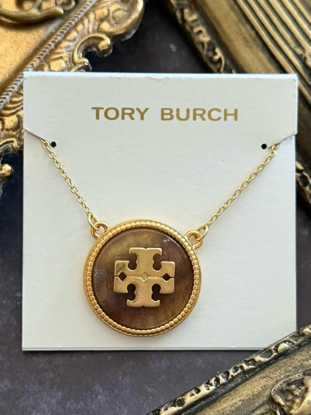 TORY BURCH • Semiprecious Tiger’s Cat’s Eye Logo Stone Necklace
